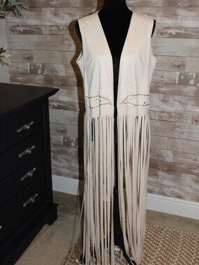 NWT Studded Fringe Cream Faux Suede Vest Duster Cowgirl Western Biker Kimono
